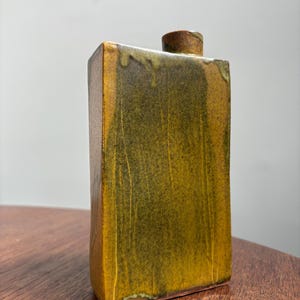Gorgeous Brutalist slab vase with drippy glaze signed D rectangular design