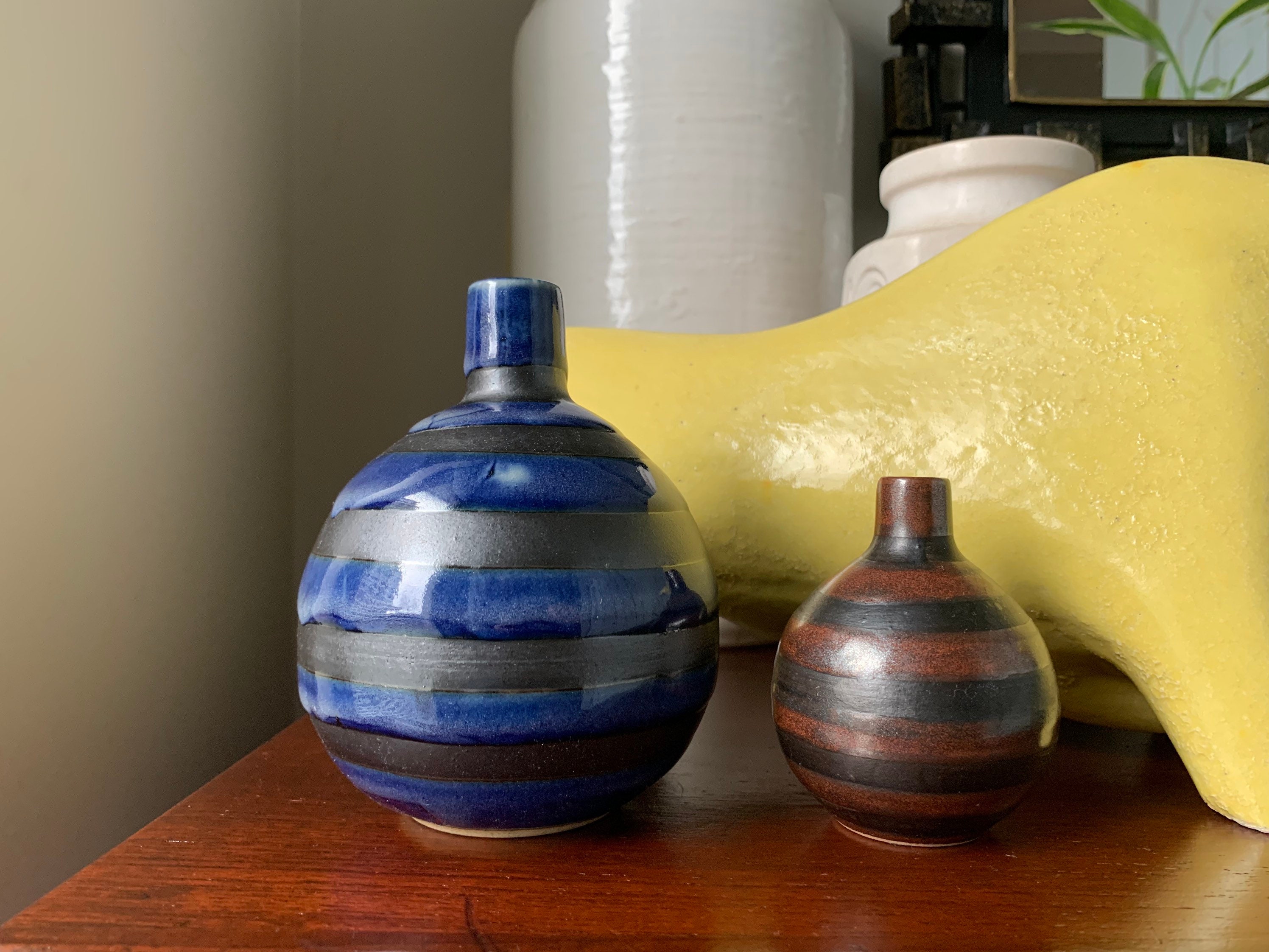 ヴィンテージ 玉ねぎ型 日本製 アート陶器 ストライプ花瓶 ブラウン