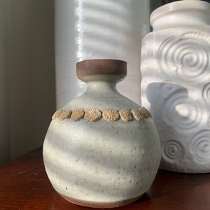 Stunning signed studio pottery vase with applied details muted hues signed Victoria