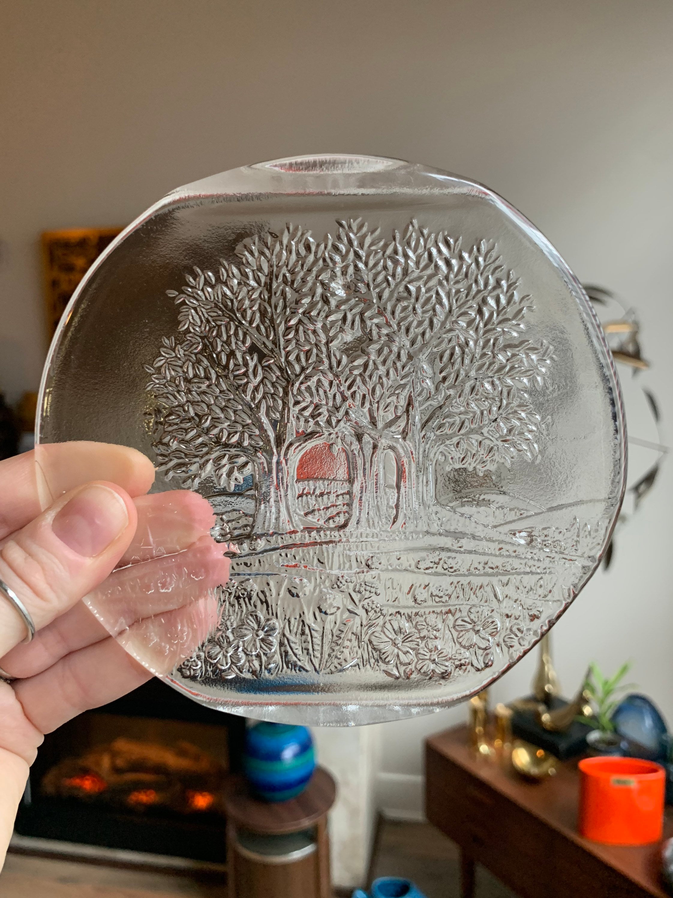 Walther Glass Germany Country Tree Scene Plates or Small Trays