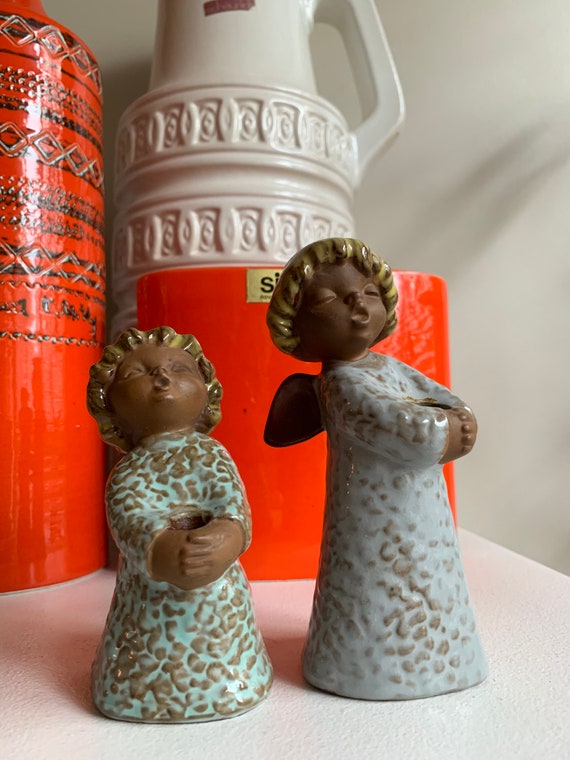 Vintage Angel Stick Candle Holder Ceramic Unglazed Hand Crafted Stars