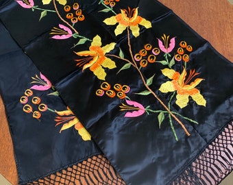 Vintage black satin embroidered piano scarf or shawl with tassels CAN