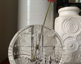 Walther heavy art glass bud vase with field scene Germany GER
