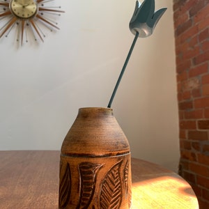 Gorgeous studio pottery vase incised organic leaf design signed