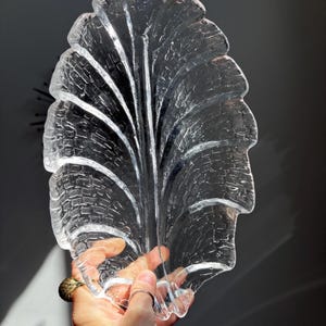 May include: Clear glass leaf-shaped decorative dish. The dish has a textured surface with a detailed leaf vein design. The dish is held up against a dark background, with sunlight casting shadows.