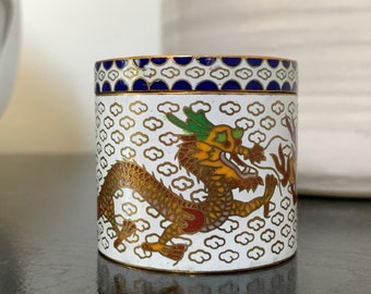Vintage Dragon cloissone enamel covered round box CHN