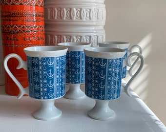 Set of 4 vintage Japanese footed mugs with anchor design retro fun