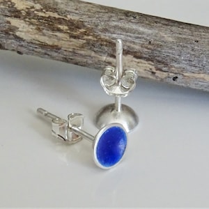 Dainty Blue Studs | Tiny Sapphire Blue Enamel Earrings | 6 mm Cup Silver Posts | Minimalists Every-Day Second Hole Studs for Men and Women