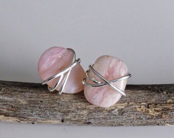 Pink Opal Earrings | Pink Opal Gemstone Wire Wrapped Studs | Sterling Silver Dainty Pink Jewelry