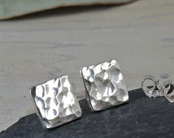 Square Silver Hammered Stud Earrings | Silver Stud Earrings | Mens Stud Earrings | 6mm Dainty Post Earrings for Women | Small Stud Jewelry