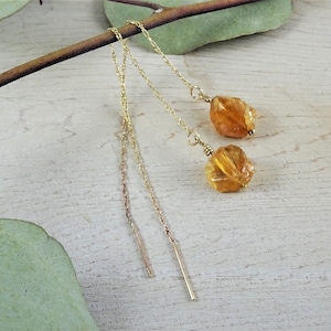 Raw Citrine Earrings | November Birthstone | Natural Citrine Threader Earrings | 14k Gold Citrine Earrings for Men/Women | Healing Gemstone