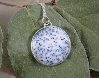 Dendritic Agate Pendant | Dendritic Opal Merlinite Necklace | Mystic Merlinite Indigo Gabbro Medallion Disc Jewelry | Scenic Landscape