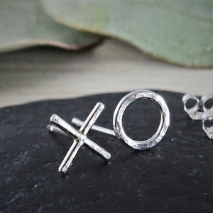 XO Earrings | Valentine&#39;s Day | Mismatched X O Studs | Silver Love | Kiss and Hug Post Earrings | X and O Studs | Asymmetrical Men Earrings