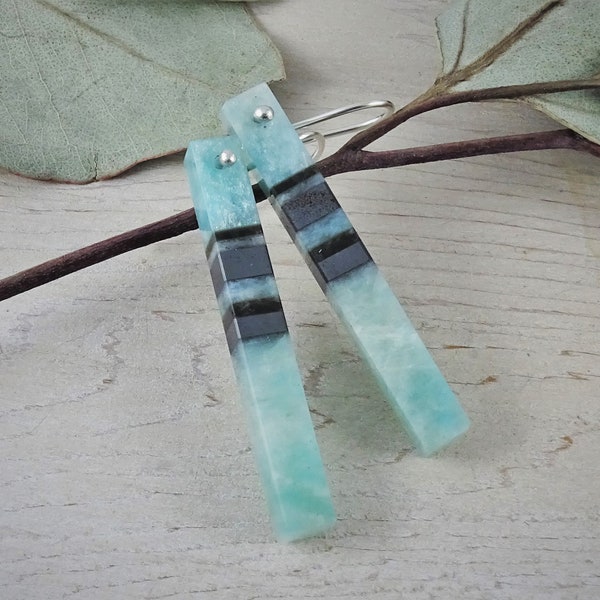 Natural Amazonite Earrings | Obsidian Hematite and Amazonite Intarsia Jewelry | Healing Gemstone for Men Women | Sterling Silver Gift