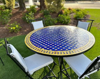 Handcrafted Authentic 47 Inches Moroccan Mosaic Zellige Wrought Iron Bistro Table Set by Mediterranean Imports