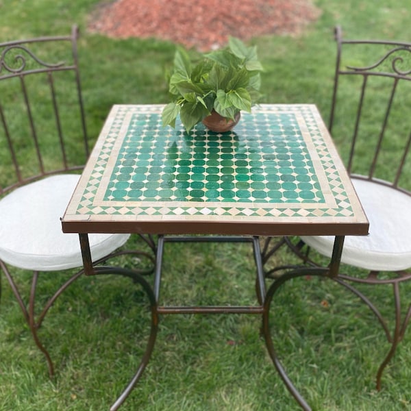 Authentic Moroccan Mosaic & Heavy Wrought Iron Bistro Table (Chairs are Included)  Emerald Green