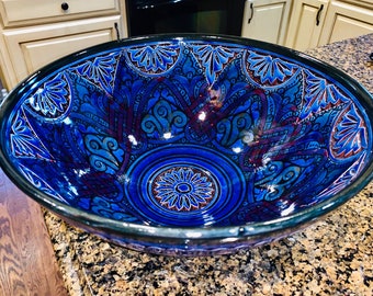 Moroccan Engraved Bleu  Ceramic Bowl/Planter 12 in by Mediterranean Imports Handcrafted