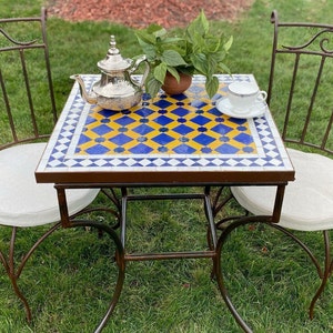 Moroccan Mosaic & Heavy Wrought Iron Bistro Table Set Blue Star/Yellow (Chairs are Included)