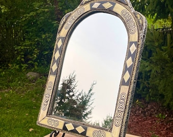 Black Friday Moroccan Metal Table/Wall Mirror and Stand 13 Inch