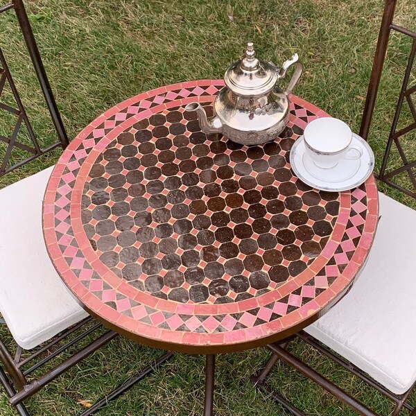 Authentic Moroccan Mosaic Zellige & Heavy Wrought Iron Bistro Table Brown/Terra Cotta (Chairs Not Included)