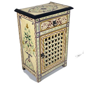 AMIRA Multicolored/white  Hand Painted Arabesque Wooden Storage/End Table by Mediterranean Imports
