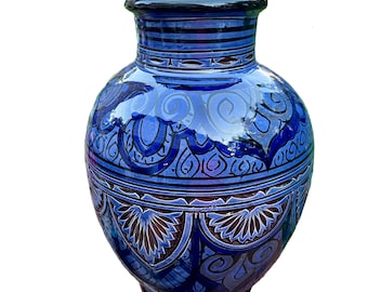 Mediterranean Blue Engraved Ceramic Vase (Morocco)