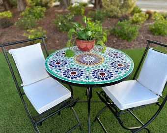 Handcrafted Authentic 32 Inches Moroccan Mosaic Zellige Wrought Iron Bistro Table Set by Mediterranean Imports