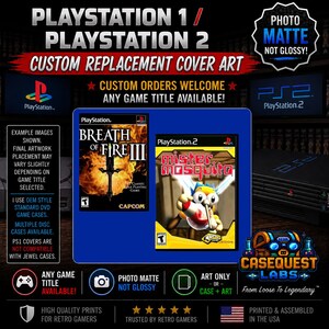 May include: Custom replacement cover art for PlayStation 1 and PlayStation 2 game cases. The image displays two game covers: Breath of Fire III and Mister Mosquito. Text includes 'PlayStation 1 / PlayStation 2 Custom Replacement Cover Art'.
