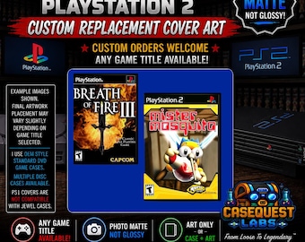 May include: Custom replacement cover art for PlayStation 1 and PlayStation 2 game cases. The image displays two game covers: Breath of Fire III and Mister Mosquito. Text includes 'PlayStation 1 / PlayStation 2 Custom Replacement Cover Art'.