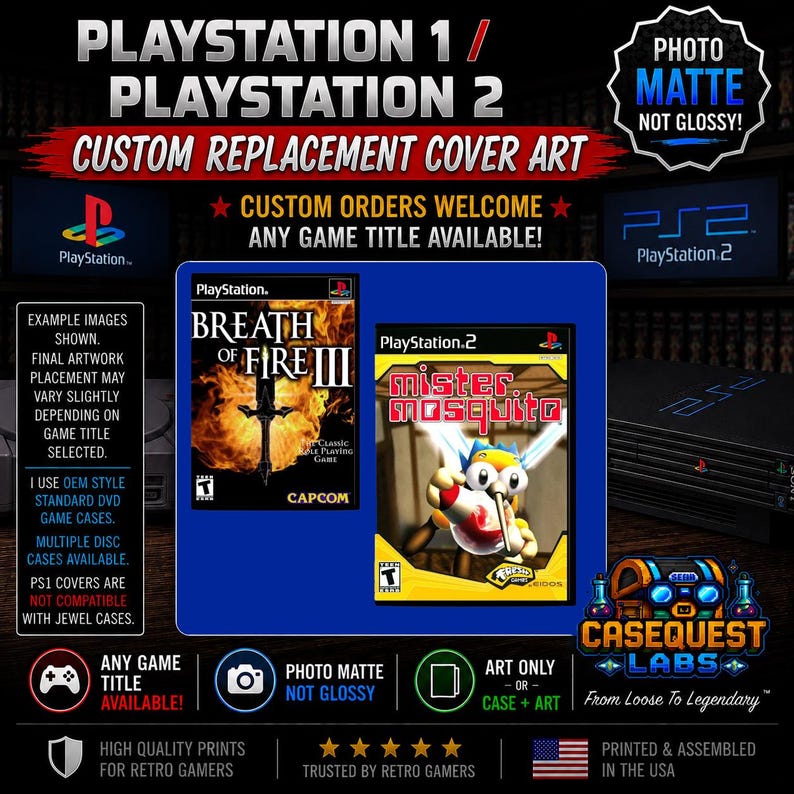 May include: Custom replacement cover art for PlayStation 1 and PlayStation 2 game cases. The image displays two game covers: Breath of Fire III and Mister Mosquito. Text includes 'PlayStation 1 / PlayStation 2 Custom Replacement Cover Art'.