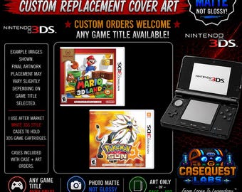 May include: Custom replacement cover art for Nintendo 3DS game cases, featuring matte finish prints. Includes examples of Super Mario 3D Land and Pokemon Sun game cases, alongside a black Nintendo 3DS handheld console and CaseQuest Labs branding.