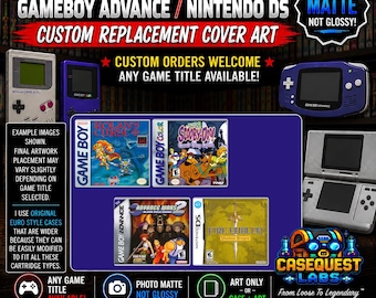 May include: Custom replacement cover art for Gameboy, Gameboy Color, Gameboy Advance, and Nintendo DS games. The display features examples of Rolan's Curse, Scooby-Doo, Advance Wars 2, and Fire Emblem Shadow Dragon. Includes text details about matte finish, custom orders, and case options.
