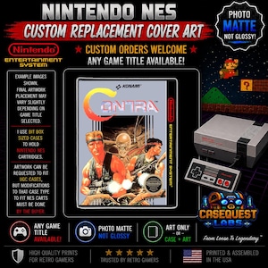 以下が含まれることがあります： Contraのタイトルが記載されたNintendo NESゲームケース用のカスタム交換用カバーアート。アートワークには、武器を持った2人の筋肉質なキャラクター、クリーチャー、Konamiのロゴが表示されています。グレーのNES本体とコントローラーが含まれています。