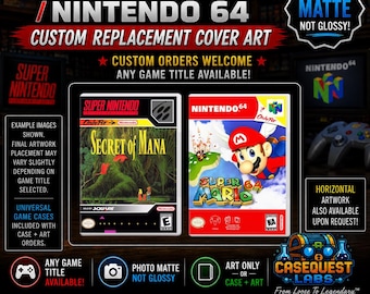 May include: Custom replacement cover art for Super Nintendo and Nintendo 64 game cases. The image displays two game cases, Secret of Mana and Super Mario 64, featuring matte finish prints. Text includes Super Nintendo, Nintendo 64, and CaseQuest Labs.