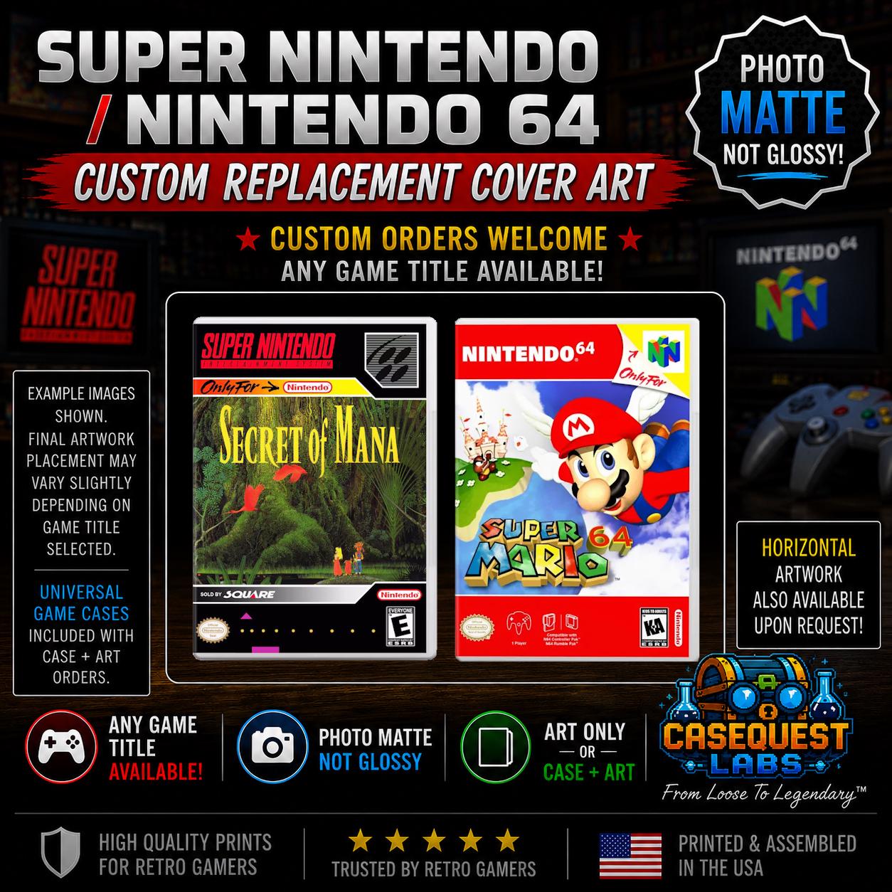Super Nintendo/nintendo 64 Replacement Cover Art (photo Matte, NOT
