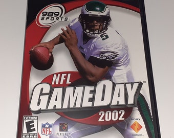 May include: A PlayStation 2 video game case for NFL GameDay 2002. The cover features a football player in a green and white uniform holding a football. The game is rated E for Everyone by the ESRB.