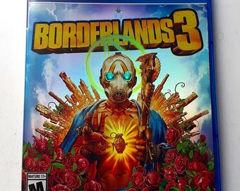 May include: A blue PlayStation 4 game case with a colorful image of a character from the Borderlands 3 video game. The character is holding a grenade and is surrounded by guns and roses. The game case has a mature 17+ rating and the text "gearbox software" and "2K" on the bottom.