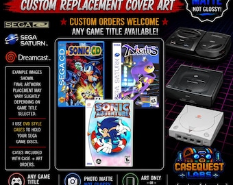 May include: Custom replacement cover art for Sega CD, Saturn, and Dreamcast games. The image displays game cases for Sonic CD, Nights into Dreams, and Sonic Adventure, alongside Sega console hardware. Text includes 'Photo Matte Not Glossy'.