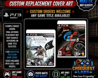 May include: Custom replacement cover art for PlayStation 3 game cases, featuring Assassin's Creed IV Black Flag and Gran Turismo 5. The matte finish prints are displayed in clear cases, with text indicating custom orders and game titles are available.