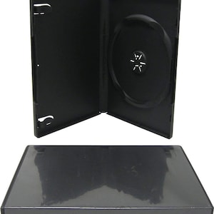 May include: A black plastic DVD case shown in two positions: one standing open to reveal the interior disc hub and side clips, and one lying flat in a closed position with a clear plastic outer sleeve for inserting a cover art label.