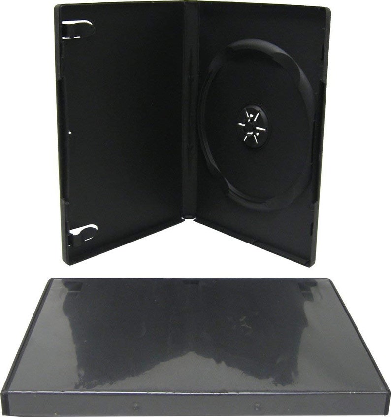 May include: A black plastic DVD case shown in two positions: one standing open to reveal the interior disc hub and side clips, and one lying flat in a closed position with a clear plastic outer sleeve for inserting a cover art label.