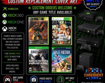 May include: Custom replacement cover art for Xbox, Xbox 360, Xbox One, and Xbox Series X game cases. The image displays four example game covers including Halo 2, Grand Theft Auto V, Call of Duty Modern Warfare, and Split Fiction on matte paper.