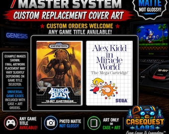 May include: Custom replacement cover art for Sega Genesis and Master System video game cases. The image displays two examples: Altered Beast and Alex Kidd in Miracle World. The prints feature a matte finish and are designed for retro game collectors.