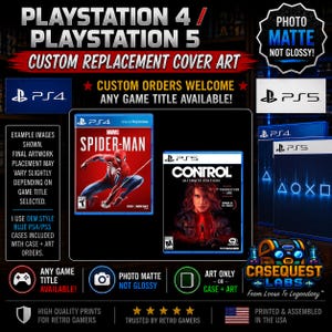 Peut inclure: Jaquettes de remplacement personnalisées pour boîtiers de jeux PlayStation 4 et PlayStation 5. L'image présente des exemples comme Marvel Spider-Man et Control Ultimate Edition, avec des impressions au fini mat et des options de commande sur mesure.