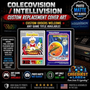 May include: Custom replacement cover art for ColecoVision and Intellivision video game cartridges. The image displays two game cases, BurgerTime and Astrosmash, with matte finish text and graphics. CaseQuest Labs branding is visible.