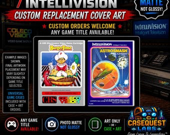 May include: Custom replacement cover art for ColecoVision and Intellivision video game cartridges. The image displays two game cases, BurgerTime and Astrosmash, with matte finish text and graphics. CaseQuest Labs branding is visible.