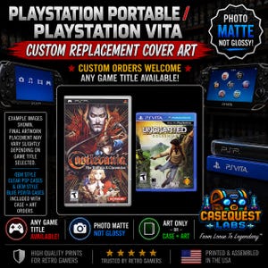 以下が含まれることがあります： PlayStation PortableおよびPlayStation Vitaゲームケース用のカスタム交換用カバーアート。画像には、Castlevania The Dracula X ChroniclesとUncharted Golden Abyssのゲームカバーの例が表示されており、マット仕上げのプリントが施されています。
