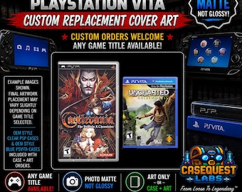 May include: Custom replacement cover art for PlayStation Portable and PlayStation Vita game cases. The image displays examples of Castlevania The Dracula X Chronicles and Uncharted Golden Abyss game covers, featuring matte finish prints.