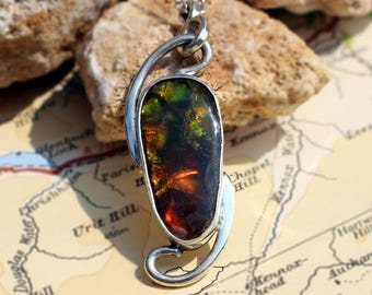 Canadian Ammolite Pendant, Sterling Silver, Handmade, Fossil Pendant