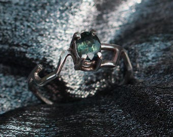 Futuristic Sapphire Sci Fi Ring, Sterling Silver, Handmade, Size 8-8.5